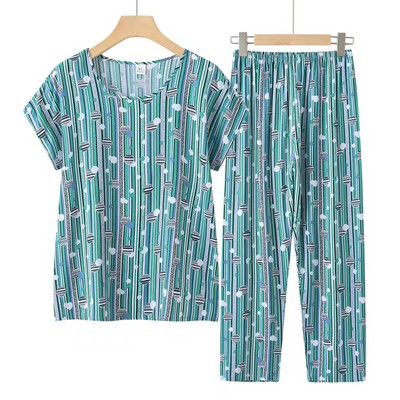 Fdfklak Set de pijamale de vară pentru bunica Pijama cu mâneci scurte Set de pijamale de vară din bumbac Marime mari haine multicolore pentru acasă
