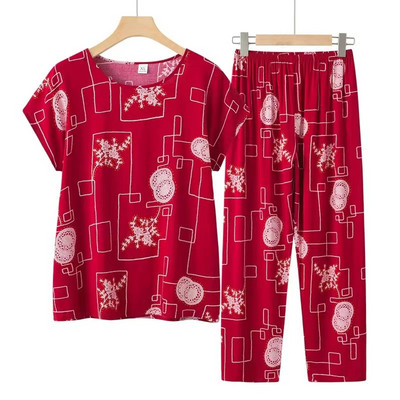 Fdfklak Set de pijamale de vară pentru bunica Pijama cu mâneci scurte Set de pijamale de vară din bumbac Marime mari haine multicolore pentru acasă