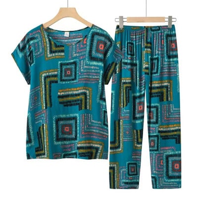 Fdfklak Set de pijamale de vară pentru bunica Pijama cu mâneci scurte Set de pijamale de vară din bumbac Marime mari haine multicolore pentru acasă