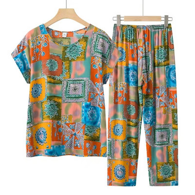 Fdfklak Set de pijamale de vară pentru bunica Pijama cu mâneci scurte Set de pijamale de vară din bumbac Marime mari haine multicolore pentru acasă