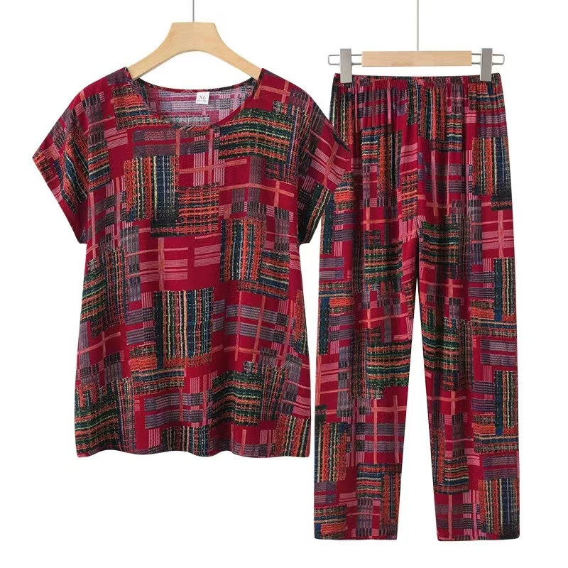 Fdfklak Set de pijamale de vară pentru bunica Pijama cu mâneci scurte Set de pijamale de vară din bumbac Marime mari haine multicolore pentru acasă