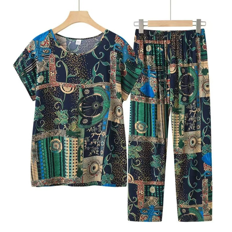 Fdfklak Set de pijamale de vară pentru bunica Pijama cu mâneci scurte Set de pijamale de vară din bumbac Marime mari haine multicolore pentru acasă