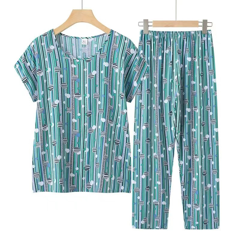 Fdfklak Set de pijamale de vară pentru bunica Pijama cu mâneci scurte Set de pijamale de vară din bumbac Marime mari haine multicolore pentru acasă