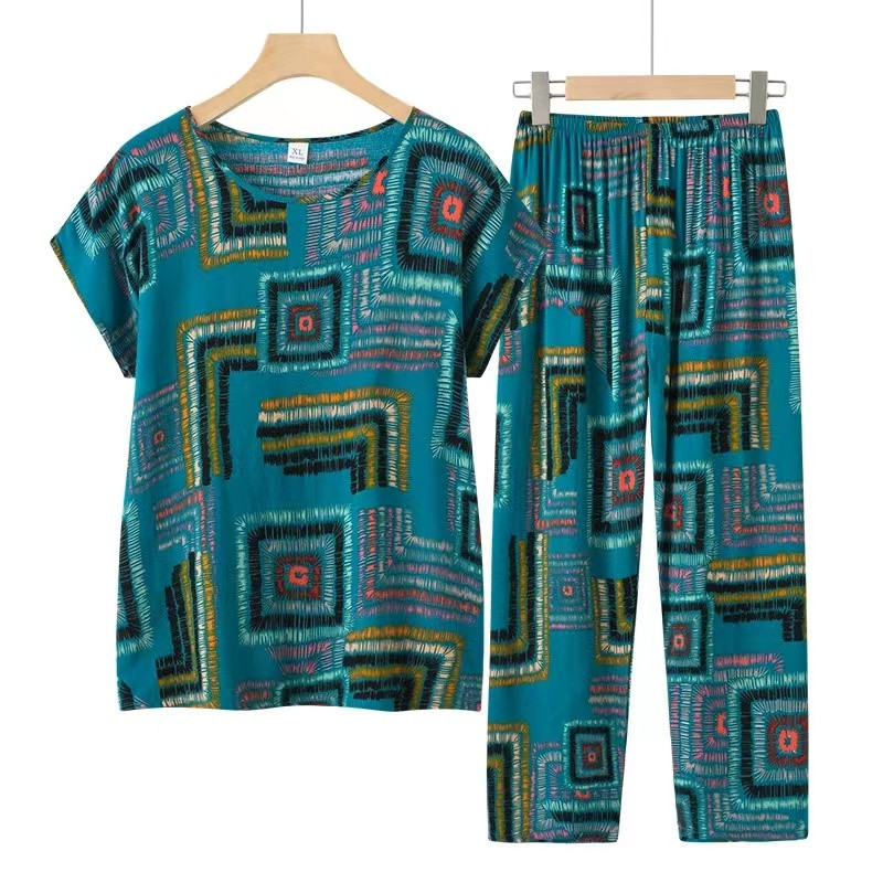 Fdfklak Set de pijamale de vară pentru bunica Pijama cu mâneci scurte Set de pijamale de vară din bumbac Marime mari haine multicolore pentru acasă