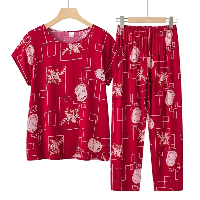 Fdfklak Set de pijamale de vară pentru bunica Pijama cu mâneci scurte Set de pijamale de vară din bumbac Marime mari haine multicolore pentru acasă