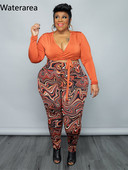 Waterarea Plus Size Γυναικεία Ρούχα Σέξι V λαιμόκοψη Ολόσωμο μανίκι με στάμπα παντελόνι κοστούμι Casual Stree Slim σετ δύο τεμαχίων