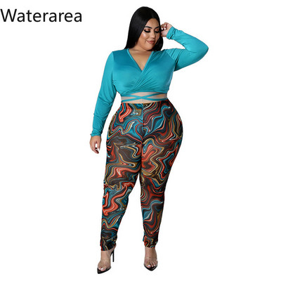 Waterarea Plus Size Γυναικεία Ρούχα Σέξι V λαιμόκοψη Ολόσωμο μανίκι με στάμπα παντελόνι κοστούμι Casual Stree Slim σετ δύο τεμαχίων