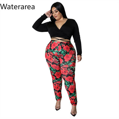 Waterarea Plus Size Γυναικεία Ρούχα Σέξι V λαιμόκοψη Ολόσωμο μανίκι με στάμπα παντελόνι κοστούμι Casual Stree Slim σετ δύο τεμαχίων