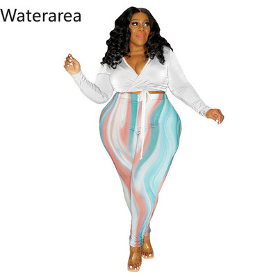 Waterarea Plus Size Γυναικεία Ρούχα Σέξι V λαιμόκοψη Ολόσωμο μανίκι με στάμπα παντελόνι κοστούμι Casual Stree Slim σετ δύο τεμαχίων