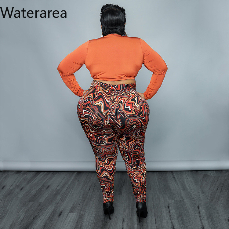 Waterarea Plus Size Γυναικεία Ρούχα Σέξι V λαιμόκοψη Ολόσωμο μανίκι με στάμπα παντελόνι κοστούμι Casual Stree Slim σετ δύο τεμαχίων