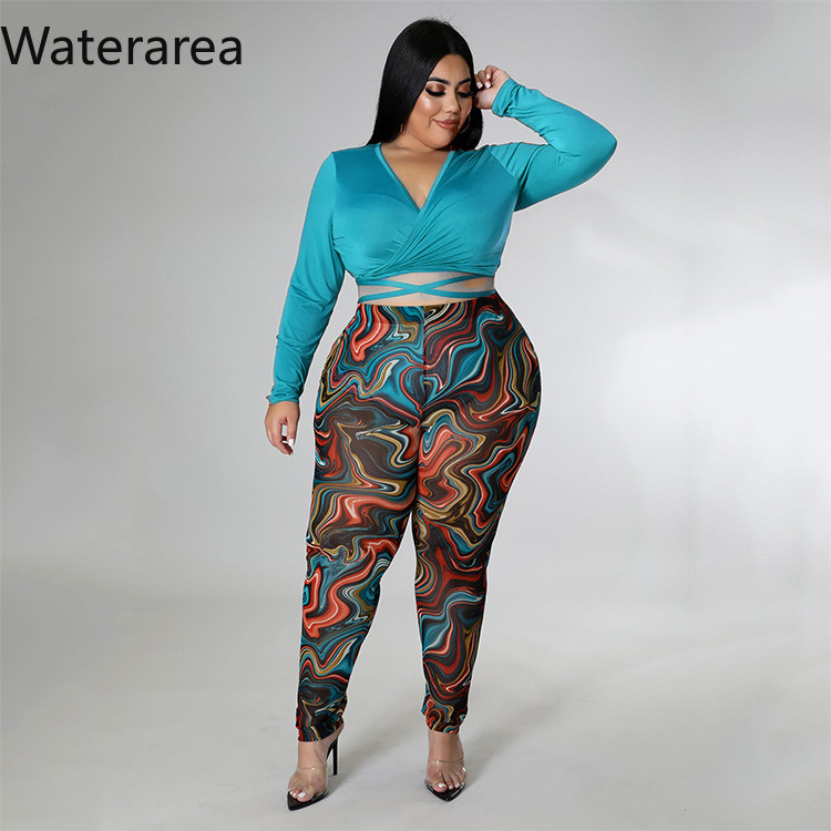 Waterarea Plus Size Γυναικεία Ρούχα Σέξι V λαιμόκοψη Ολόσωμο μανίκι με στάμπα παντελόνι κοστούμι Casual Stree Slim σετ δύο τεμαχίων