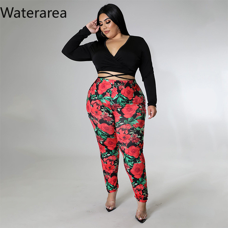 Waterarea Plus Size Γυναικεία Ρούχα Σέξι V λαιμόκοψη Ολόσωμο μανίκι με στάμπα παντελόνι κοστούμι Casual Stree Slim σετ δύο τεμαχίων