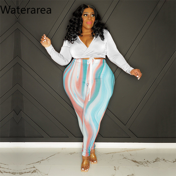 Waterarea Plus Size Γυναικεία Ρούχα Σέξι V λαιμόκοψη Ολόσωμο μανίκι με στάμπα παντελόνι κοστούμι Casual Stree Slim σετ δύο τεμαχίων