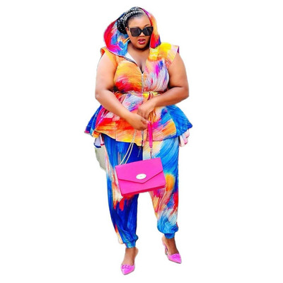 Σετ με ασορτί μεγέθη τύπωμα μπλούζες και παντελόνια με ζώνη Γυναικεία πολυτελή γυναικεία ρούχα 2023 Καλοκαίρι σετ δύο τεμαχίων