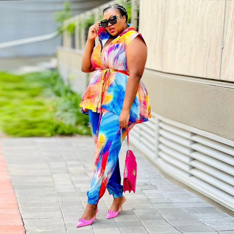 Σετ με ασορτί μεγέθη τύπωμα μπλούζες και παντελόνια με ζώνη Γυναικεία πολυτελή γυναικεία ρούχα 2023 Καλοκαίρι σετ δύο τεμαχίων