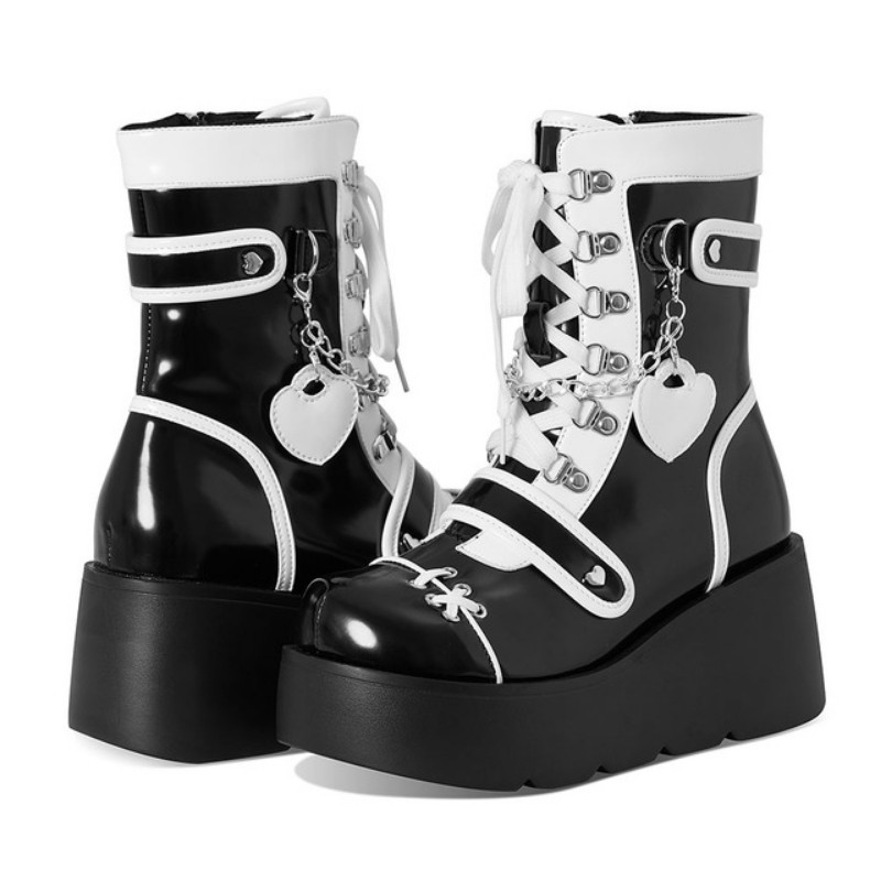 Metal Style Rock Pantofi de damă Toamnă Noi Cizme cu talpă groasă Cizme scurte Cruce în formă de inimă Decor metalic Stil punk Gotic