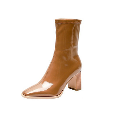 Coreeană 2022 Cizme cu toc înalt din piele lacuată Modele de modă pentru femei Ghete scurte subțiri cu toc gros Pantofi elastici pătrați pentru femei