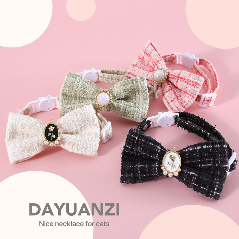 MPK Cat Woven καρό Vintage μαργαριταρένιο γιακά ρυθμιζόμενο κατά της ασφυξίας Φιόγκος γενεθλίων Princess Κατάλληλο και με σκύλο