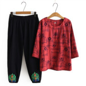 Γυναικείο μπλουζάκι με μανίκια 3/4 + ελαστικό παντελόνι μέσης 2 τεμαχίων ανοιξιάτικα καλοκαιρινά σετ μεγάλου μεγέθους Vintage κοστούμια