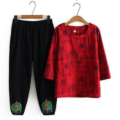 Γυναικείο μπλουζάκι με μανίκια 3/4 + ελαστικό παντελόνι μέσης 2 τεμαχίων ανοιξιάτικα καλοκαιρινά σετ μεγάλου μεγέθους Vintage κοστούμια