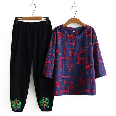 Γυναικείο μπλουζάκι με μανίκια 3/4 + ελαστικό παντελόνι μέσης 2 τεμαχίων ανοιξιάτικα καλοκαιρινά σετ μεγάλου μεγέθους Vintage κοστούμια