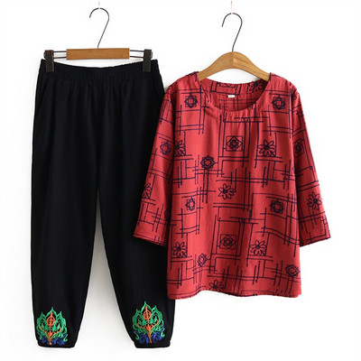 Γυναικείο μπλουζάκι με μανίκια 3/4 + ελαστικό παντελόνι μέσης 2 τεμαχίων ανοιξιάτικα καλοκαιρινά σετ μεγάλου μεγέθους Vintage κοστούμια