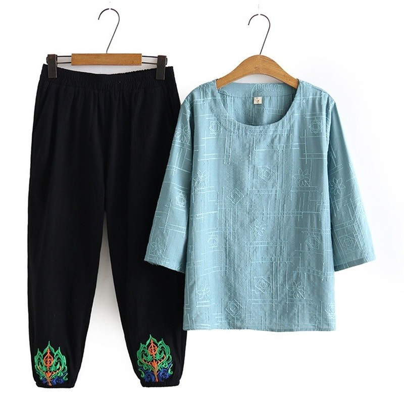 Γυναικείο μπλουζάκι με μανίκια 3/4 + ελαστικό παντελόνι μέσης 2 τεμαχίων ανοιξιάτικα καλοκαιρινά σετ μεγάλου μεγέθους Vintage κοστούμια