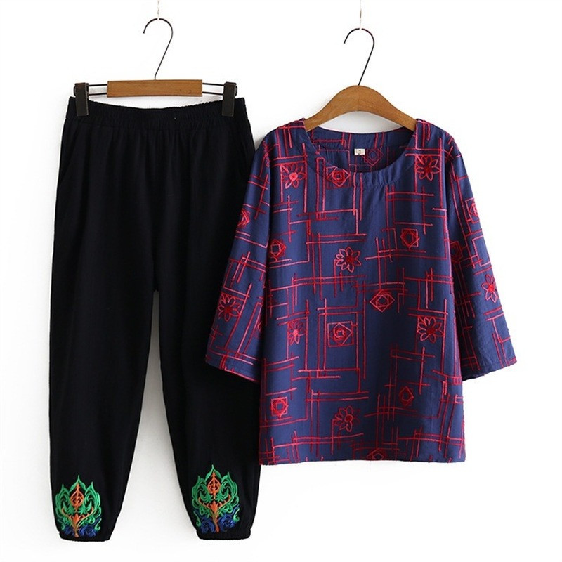 Γυναικείο μπλουζάκι με μανίκια 3/4 + ελαστικό παντελόνι μέσης 2 τεμαχίων ανοιξιάτικα καλοκαιρινά σετ μεγάλου μεγέθους Vintage κοστούμια