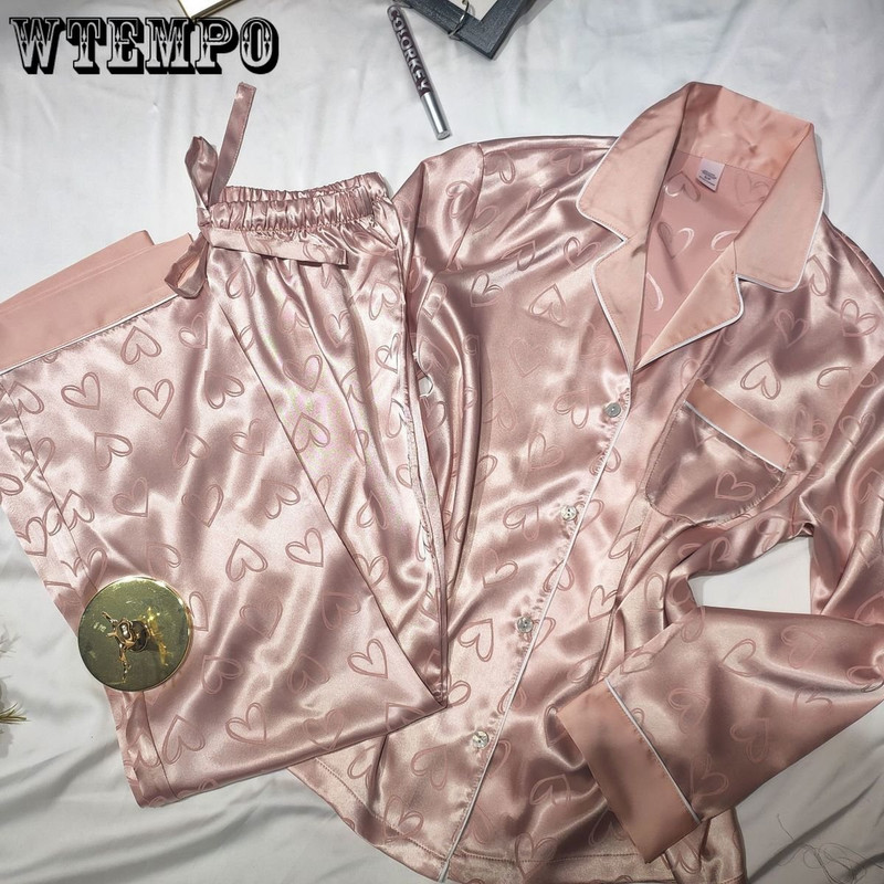 Πιτζάμες Ice Silk για Γυναικείες Λεπτές εμπριμέ μακρυμάνικο πουκάμισο και παντελόνι Home Wear Loose casual πιτζάμες Femme Satin Nightwear