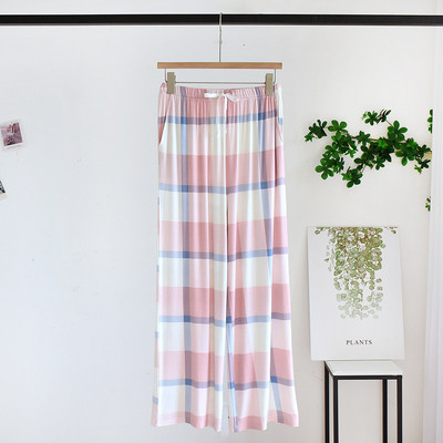 Νέα Sleepwear Ανοιξιάτικα και Καλοκαιρινά Λεπτά Γυναικεία Παντελόνια για Σπίτι με φαρδύ πόδι με κορδόνι στο πλάι Γυναικείο καρό παντελόνι πιτζάμα