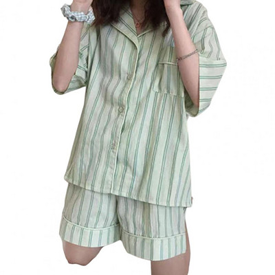 2 τμχ/Σετ Γυναικεία Σετ Πιτζάμες Ριγέ μονόστηθο με γυριστό γιακά με κοντό μανίκι Γυναικεία νυχτερινά ρούχα με στάμπα αγελάδας