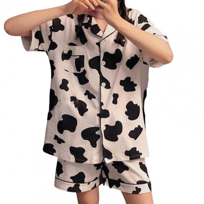 2 τμχ/Σετ Γυναικεία Σετ Πιτζάμες Ριγέ μονόστηθο με γυριστό γιακά με κοντό μανίκι Γυναικεία νυχτερινά ρούχα με στάμπα αγελάδας