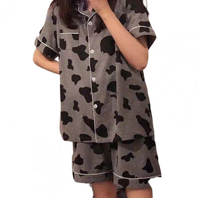 2 τμχ/Σετ Γυναικεία Σετ Πιτζάμες Ριγέ μονόστηθο με γυριστό γιακά με κοντό μανίκι Γυναικεία νυχτερινά ρούχα με στάμπα αγελάδας