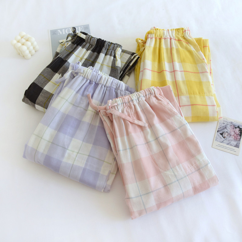 2023 Νεότερο καρό εμπριμέ μακρύ παντελόνι ύπνου Γυναικείο βαμβακερό λεπτό καλοκαιρινό πυζά Loose Pantalon Pour Femme