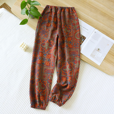Παντελόνι πυτζάμα με βαμμένο νήμα Vintage στάμπα για το σπίτι Παντελόνι Μακρύ παντελόνι για Γυναικεία Λεπτά Παντελόνια Πυτζάμες Άνοιξη και Φθινόπωρο