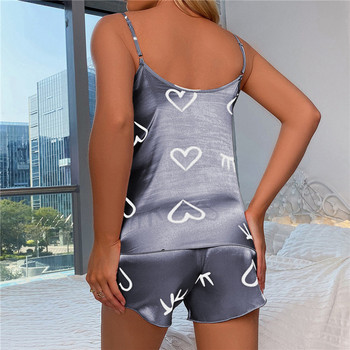 Секси комплект пижами Дамски пижами с принт на любовно сърце от 2 части Пижами от копринен сатен, топ къси панталони Комплект пижами за жени 2023 г.