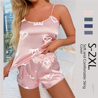 Sexy Pajama Set Women`s 2 Pieces Love Heart Print Sleepwear Pyjamas Silk Satin Cami Top Shorts Pajamas Set for Women 2023