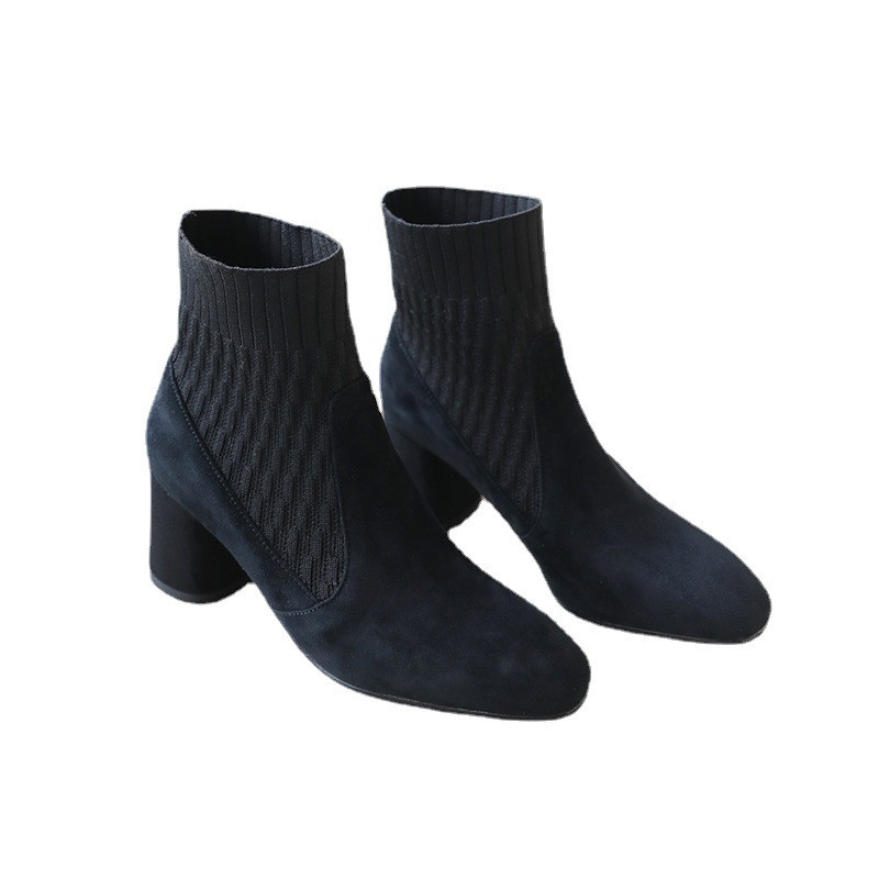 Botine ascuțite iarna femei noi cizme chelsea casual femei cu toc mediu tricotate ciorapi femei din piele intoarsa artificiala tocuri femei