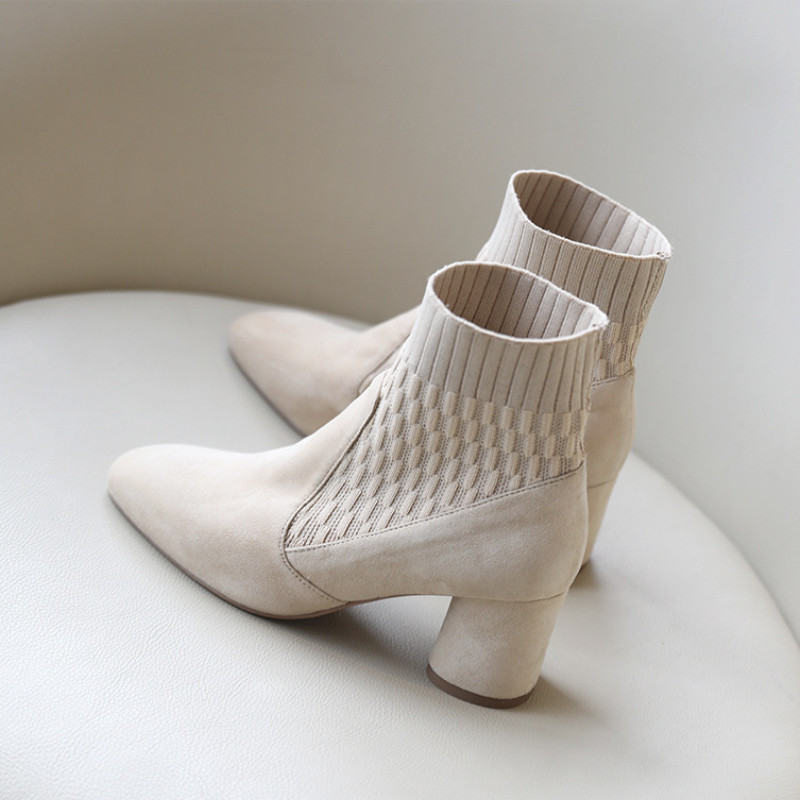 Botine ascuțite iarna femei noi cizme chelsea casual femei cu toc mediu tricotate ciorapi femei din piele intoarsa artificiala tocuri femei