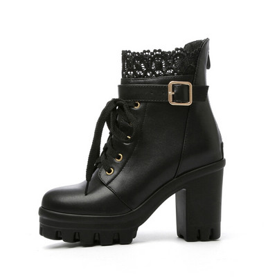 Chelsea csizma Patchwork Hollow Lace Női Lolita Cipők Platform Vaskos magassarkú fűzős masni Bokacsizmák Édes buli