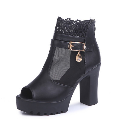 Chelsea csizma Patchwork Hollow Lace Női Lolita Cipők Platform Vaskos magassarkú fűzős masni Bokacsizmák Édes buli