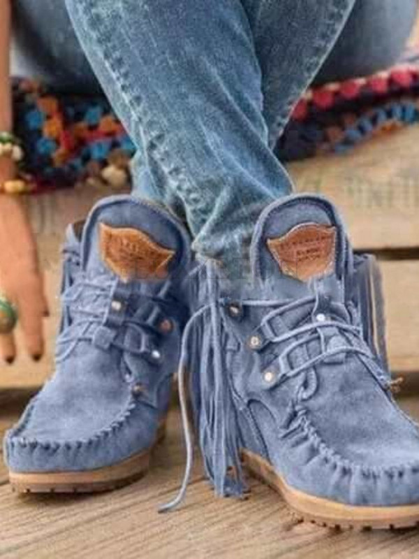 Női Művelúr csizmák Őszi fűzős, kerek orrú Női bokacsizmák Vintage tömör bojtos női cowboy csizmák rövid csizmák