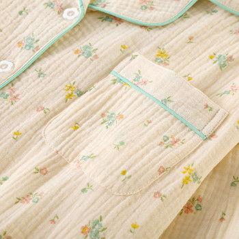 Панталони с дълги ръкави Дамски пижами от две части на цветя 2022 Лято Нови свободни домашни дрехи Чист памук Есенни дамски спални дрехи