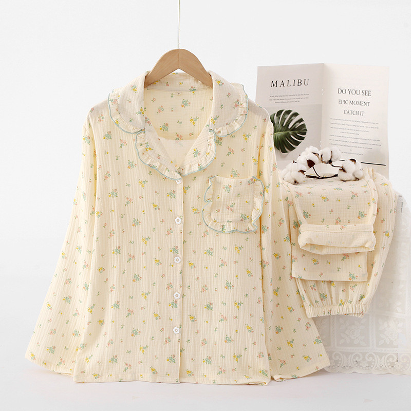 Μακρυμάνικο παντελόνι Γυναικείο φλοράλ Πιτζάμες 2022 Καλοκαίρι Νέα Φαρδιά Ρούχα Σπιτιού Καθαρό βαμβακερό Φθινοπωρινό Γυναικεία Πυζά