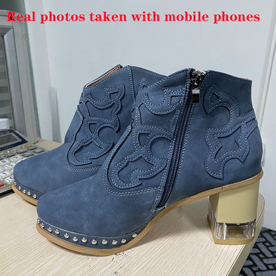 Cizme de femeie 2022 Pantofi de damă din piele cu toc mic Design britanic brodat Cizme scurte moi de petrecere Încălțăminte de damă PU