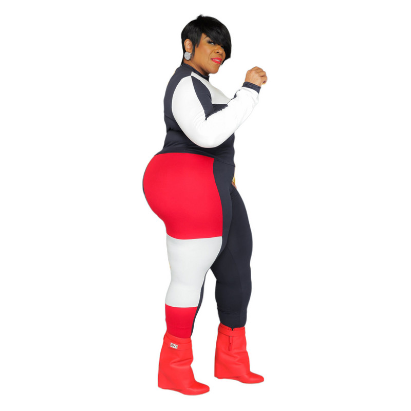 Set de două piese sport de primăvară mărimi plus pentru femei haină cu mâneci lungi culori contrastante trening casual elastic 3xl 4xl 5xl 6xl