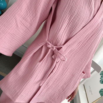 Двойки Едноцветни памучни кимона с дълъг ръкав и дълги панталони Комплект от 2 бр. Домашно облекло Дамско спално облекло Дрехи
