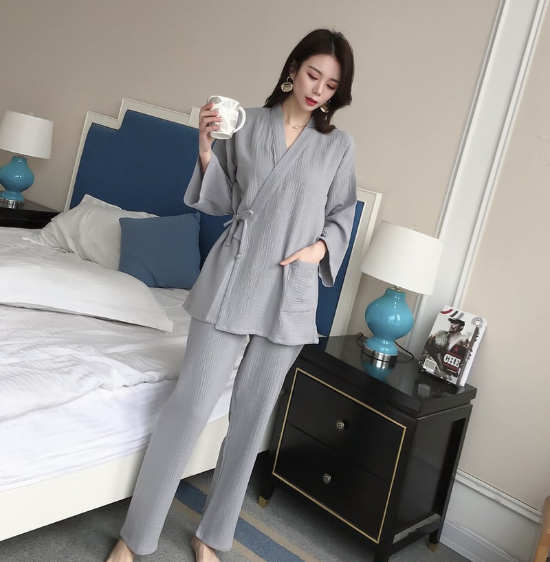 Bavlnené kimono s dlhým rukávom a dlhými nohavicami, sada 2 ks, domáce oblečenie, spoločenské oblečenie pre ženy, pyžamá