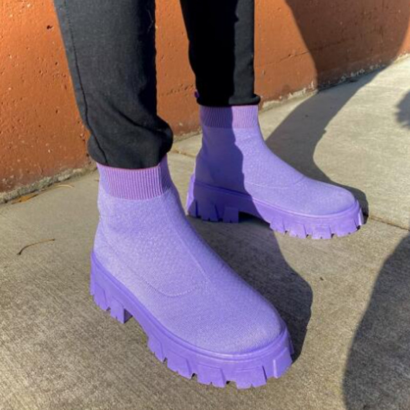 Cizme de marcă pentru femei Pantofi ușoare ocazional pentru femei Cizme cu șosete la modă cu pană de tricotat iarna Cizme cu platformă cu tub mediu