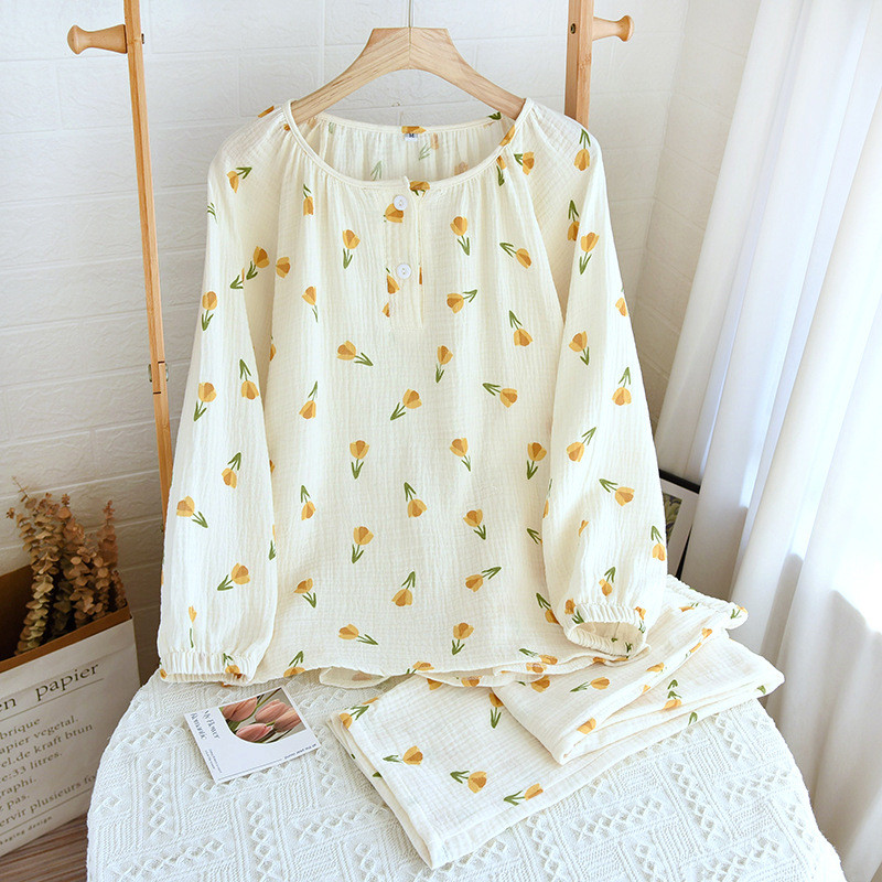 Πιτζάμες με εμπριμέ δύο κομματιών με κουμπιά Γυναικείες καλοκαιρινές αγνές βαμβακερές λεπτές φαρδιά μακρυμάνικα παντελόνια για το σπίτι σετ πιτζάμες Femme